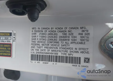 2019 Honda Cr-V Ex-L из США, поврежденный, VIN 2HKRW2H84KH641959